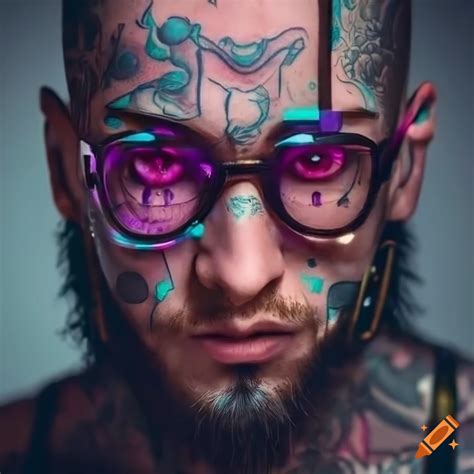 Tattooed Cyberpunk Man With Violet Eyes Dark Brown Beard In Glasses