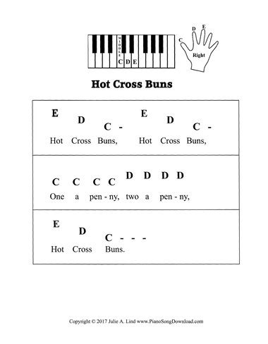 Hot Cross Buns: pre staff piano sheet music for beginning piano lessons