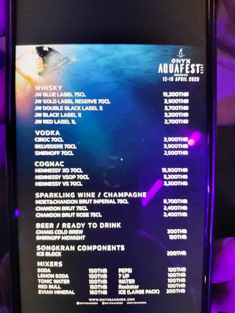 Menu At Onyx Club Bangkok