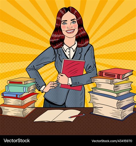 Pop Art Young Woman Sitting On The Library Table Vector Image