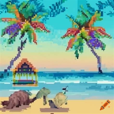 Pixel Art Tropical Paradise Landscape With Beaches Jungles And