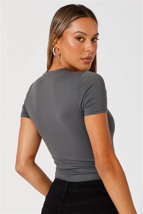 Grey Bodysuit Short Sleeve Crew Neck Supersoft Ally Fashion