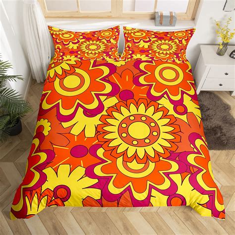 Yst Groovy Comforter Cover Queen Retro Hippie Flower Bedding Set