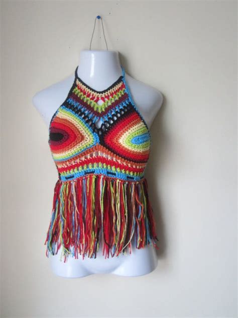 Crochet Festival Top Fringe Halter Top Rainbow By Elegantcrochets 59