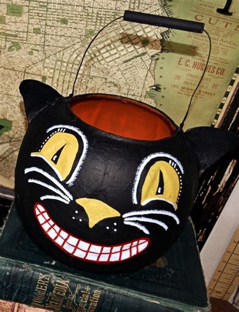 Vintage Style Folk Art Black Cat Halloween Bucket Made From A 1