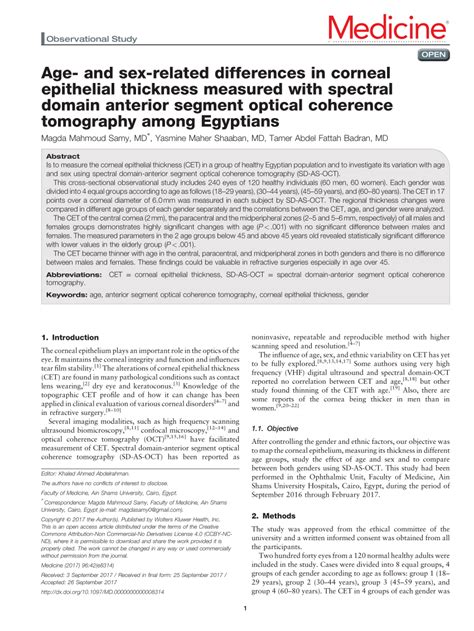 Pdf Age A Nd Sex Related Differences In Corneal Epithelial Thickness Measured With Spectral