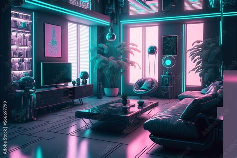 Futuristic Cyberpunk Style Living Room With A Big Screen Tv Potted