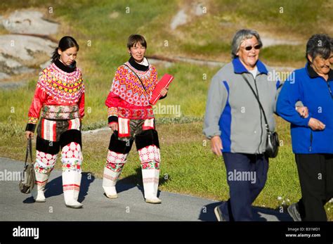 Inuit Women Wearing Traditional Greenlandic National Costume Or