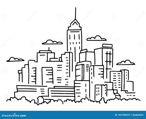 City Panorama Simple Sketch. Building Skyscrapers Architecture Landscape. Big City View. Hand ...