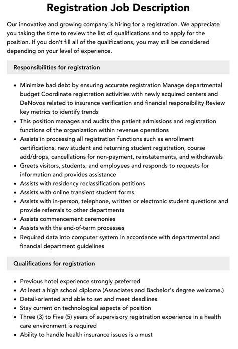 Registration Job Description Velvet Jobs