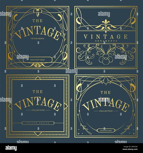 Set Of Vintage Golden Art Nouveau Badges On Blue Vector Stock Vector