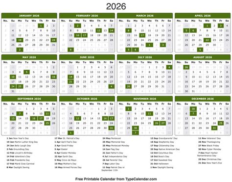 2026 Calendar Holidays - Free Printable Templates
