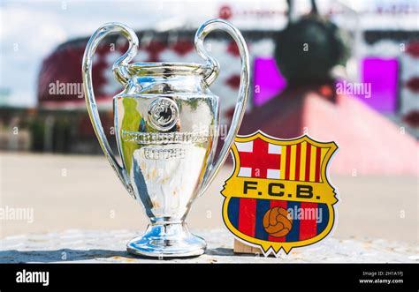 June 14, 2021 Barcelona, Spain. The FC Barcelona emblem and the UEFA ...