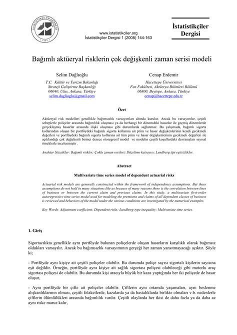 Pdf Ba Ml Akt Eryal Risklerin Ok De I Kenli Zaman Serisi Modeli