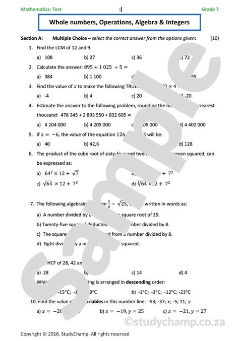 Grade Mathematics Test Operations Integers And Algebra Worksheets