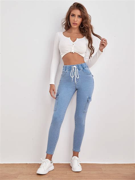 Shein Frenchy Drawstring Waist Flap Pocket Jeans Shein Uk