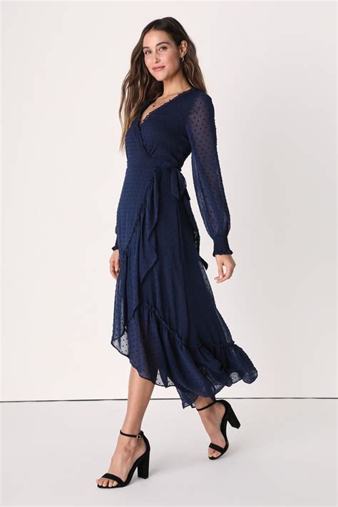 Navy Blue High Low Dress Blue Wrap Dress Swiss Dot Dress Lulus