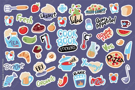 Food cooking stickers, vector illustration with white outline. Doodle ...