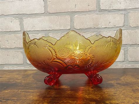 Vintage Yellow And Red Orange Amberina Jeannette Lombardi Footed Bowl Bowl Footed Bowl