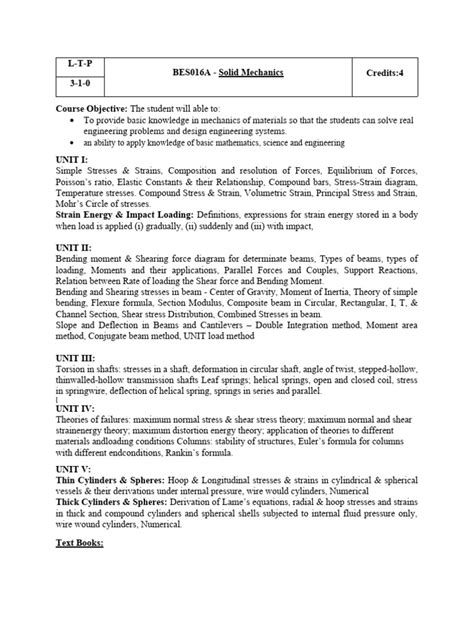 Solid Mechanics Syllabus Pdf Bending Stress Mechanics
