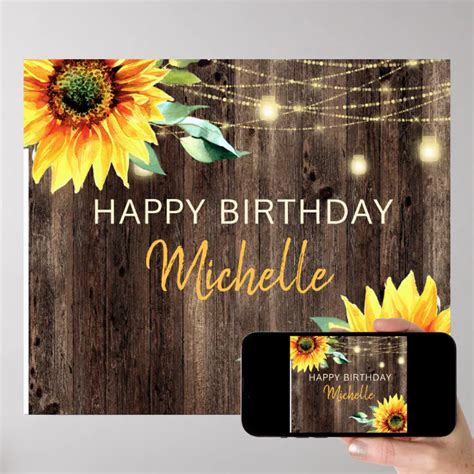 Sunflower Rustic String Lights Happy Birthday Poster Zazzle