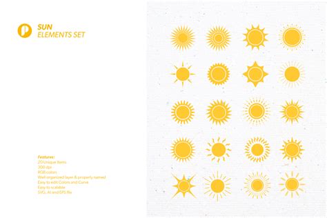 Bright Yellow Sun Elements Set Design Templates - Peterdraw Studio