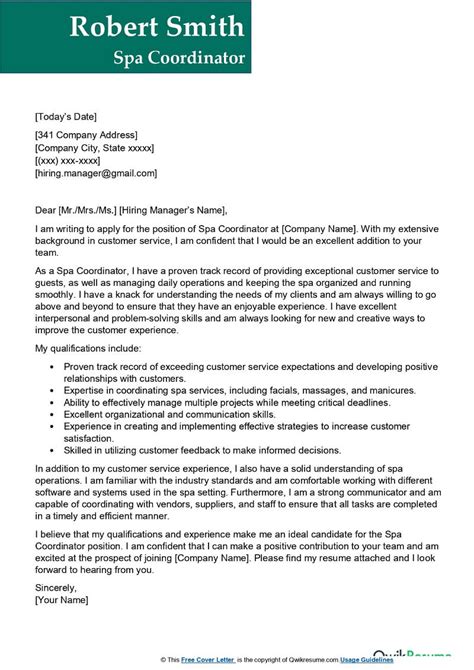 Spa Coordinator Cover Letter Examples Qwikresume