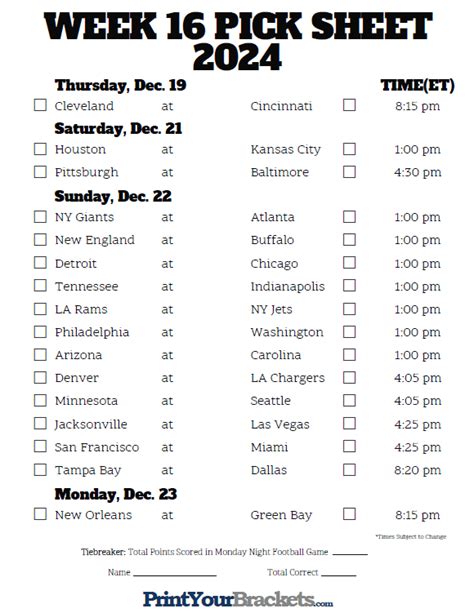 Printable Nfl Week 16 Schedule Pick Em Pool 2018