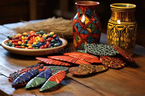 Handmade African Crafts Scattered On A Wooden Table Stock Image Image
