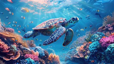 Sea Turtle Glides Through A Vibrant Coral Reef Stock Illustration