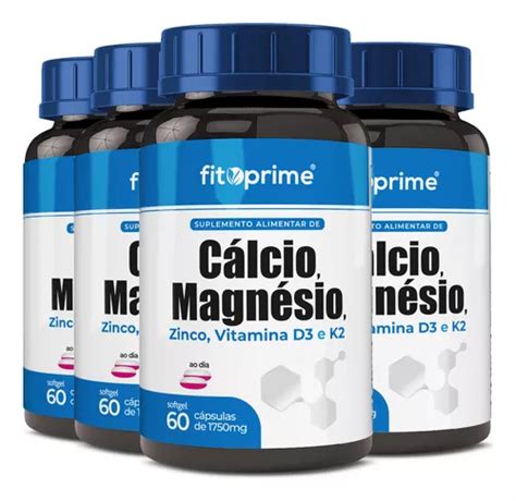 Kit 4 Potes Cálcio Magnésio E Zinco Vit D3 E K2 60cps Parcelamento Sem Juros