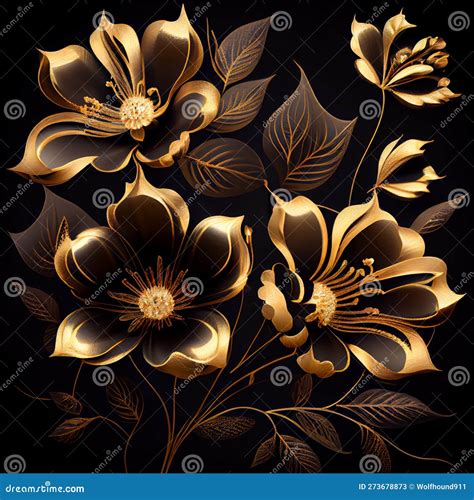 Photo Golden Flowers On Black Background Elegant Floral Wallpaper