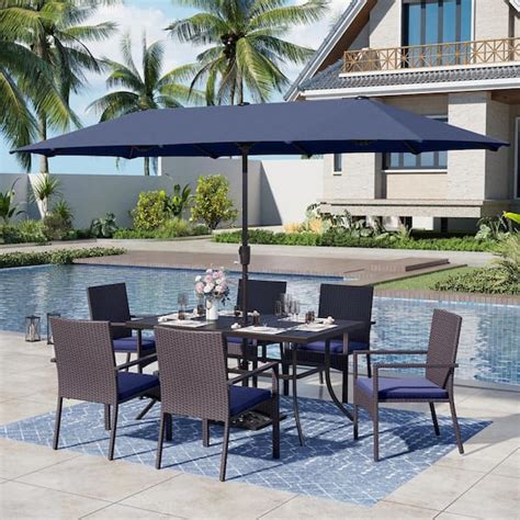 PHI VILLA Black 8 Piece Metal Patio Outdoor Dining Set With Umbrella