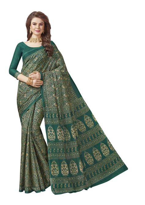 Green Printed Cotton Saree With Blouse Artena 3527864