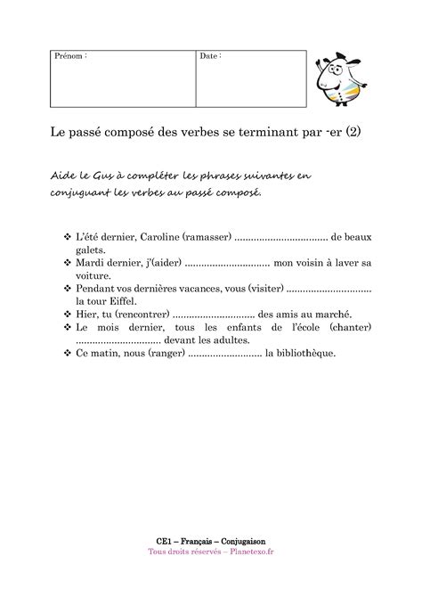 Exercice Corrigé Pour Le Ce1 Le Passé Composé Des Verbes Se Terminant Par Er 2