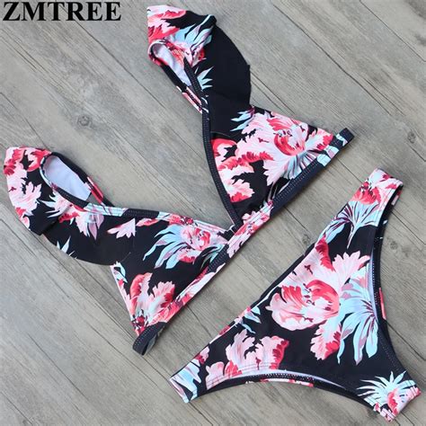 Zmtree Floral Printed Bikini Women Swimsuit Flouncy Edge Swimwear Sexy