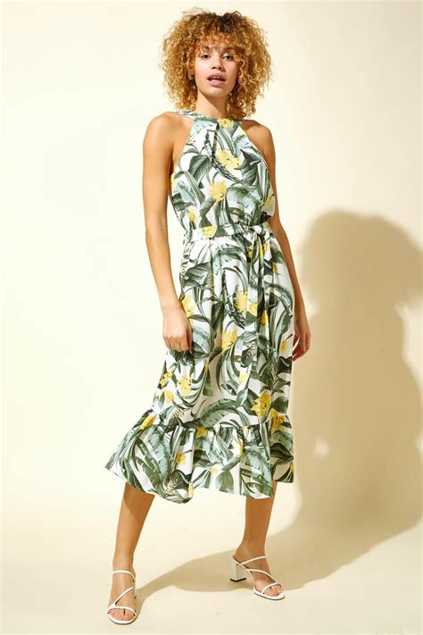 Tropical Print Halter Neck Dress In Multi Roman Originals Uk