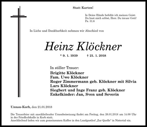 Traueranzeigen von Heinz Klöckner rz trauer de