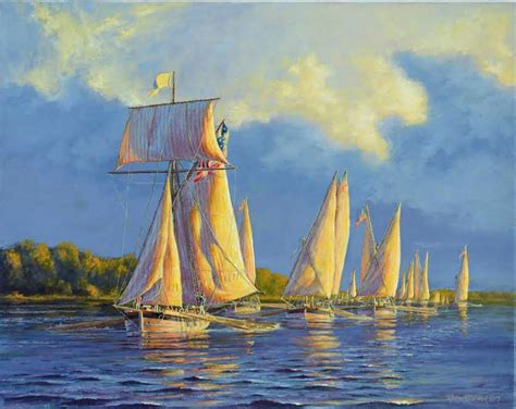 Oars And Sails The Chesapeake Flotilla At Dawn 1814 Original Oil