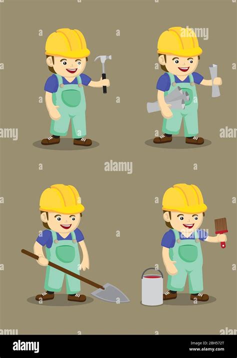 Set Of Four Vector Illustration Of Cute Industrial Worker Wearing