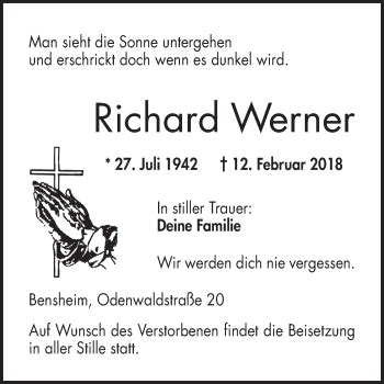 Traueranzeigen Von Richard Werner Trauerportal Ihrer Tageszeitung