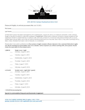 Fillable Online UFVA 2015 On Campus Housing Reservations Form Fax Email