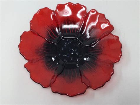 Fused Glass Red Poppy Bowl Red Black Poppy Flower Art Glass Etsy