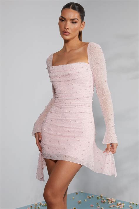 Tivoli Long Sleeve Embellished Cowl Neck Mini Dress In Blush Oh Polly