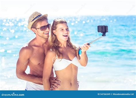 Happy Couple Taking Selfie With Selfie Stick Stock Image Image Of