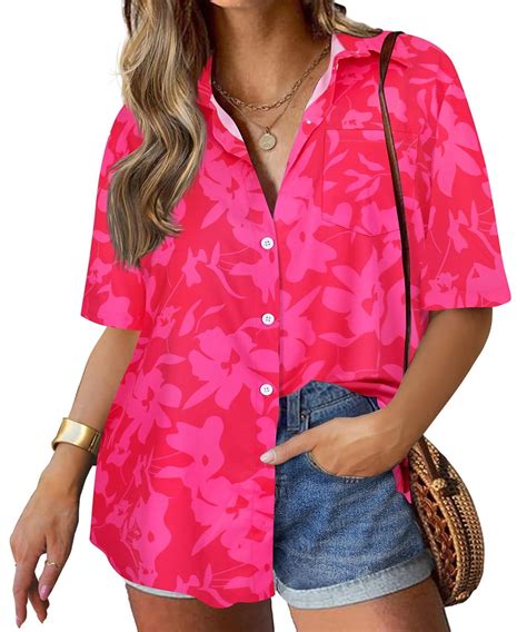 TIYOMI Plus Size Women S Short Sleeve Floral Shirts 2X Hot Pink Tops Hawaiian Button Down Blouse