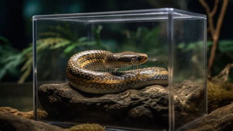 Slithery Snake Coiled Up In Its Glass Enclosure Created With Generative