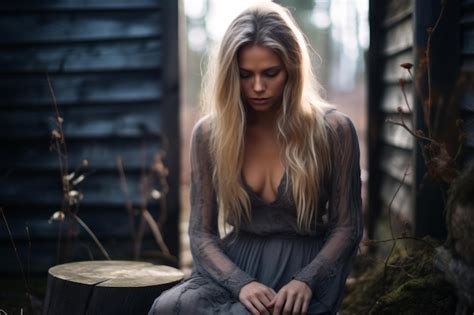 Une Belle Femme Blonde Vêtue D une Robe Assise Sur Une Bûche Photo Premium