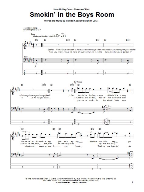 Smokin' In The Boys Room Bass Guitar Tab by Motley Crue (Bass Guitar Tab – 50186)