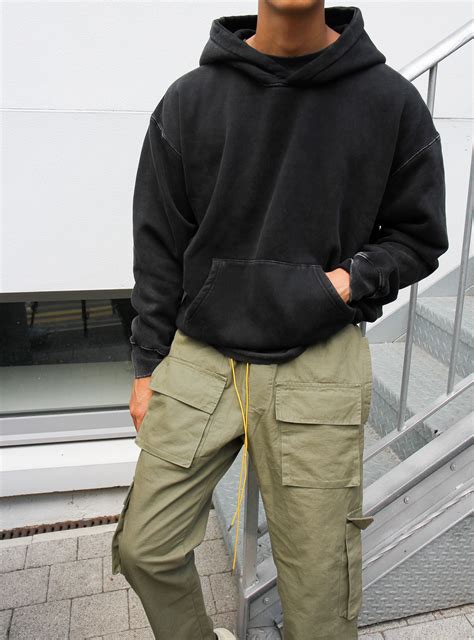 Washed Black Hoodie Snap Cargo Pant Hoodie Outfit Men Streetwear